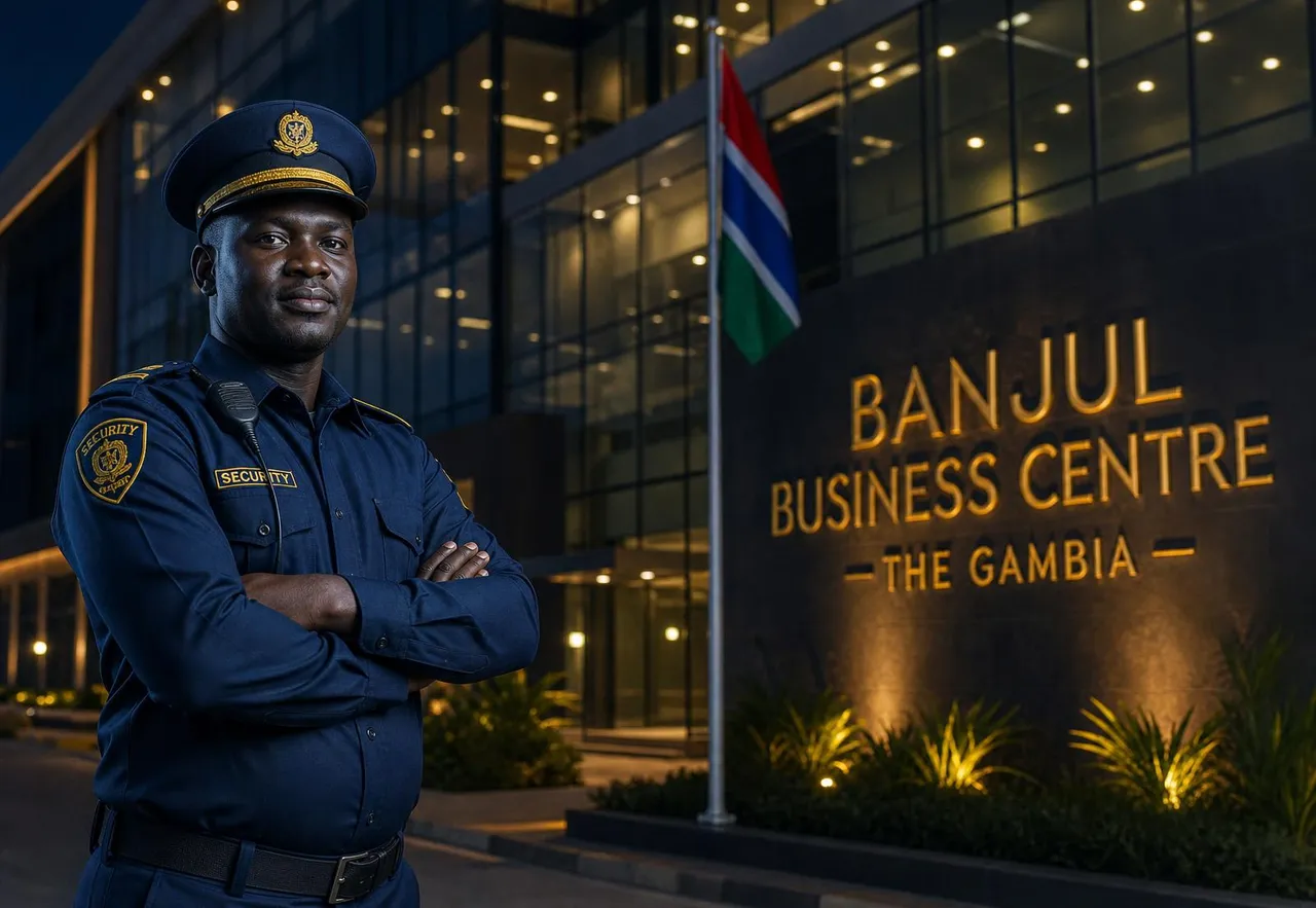 Kairo Elite Protection officer on duty outside a building at night