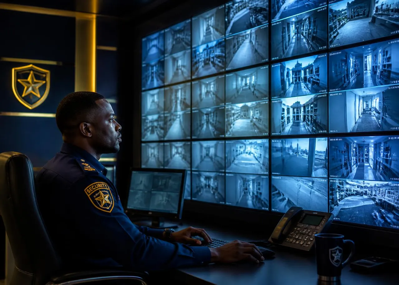 Operator monitoring CCTV feeds in a security control room