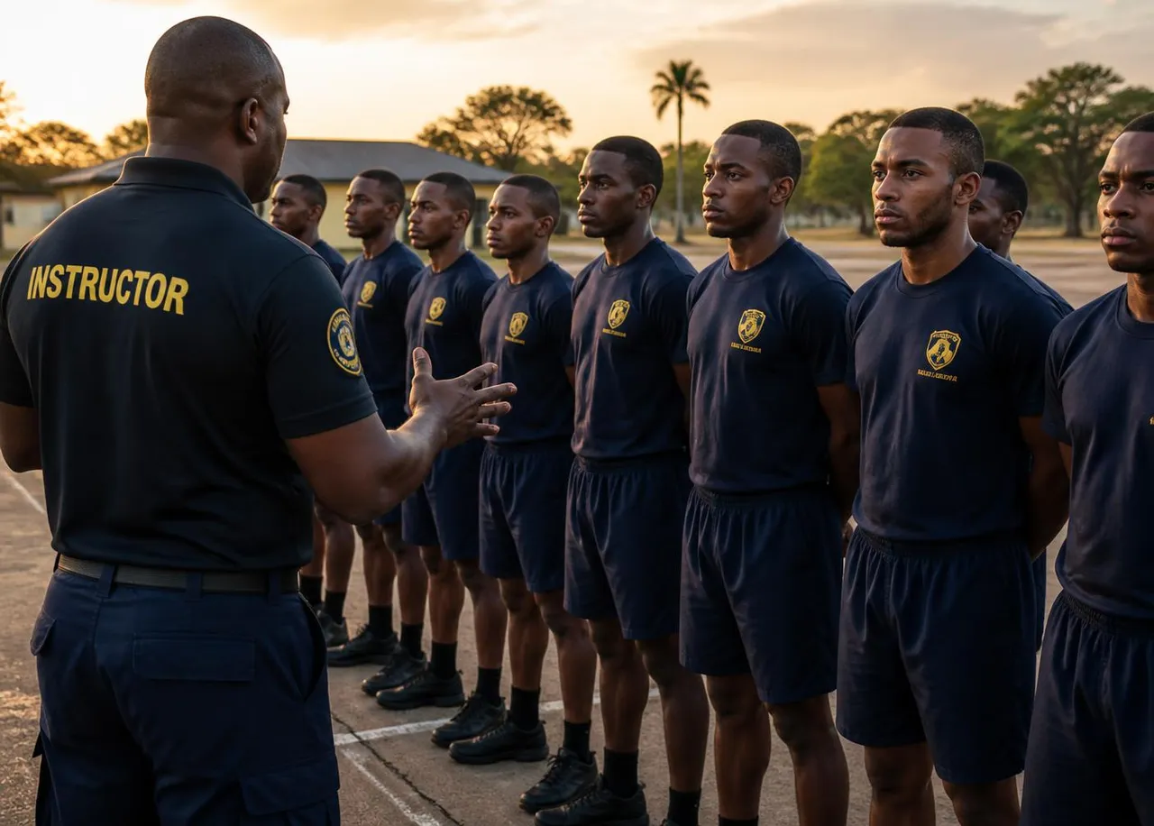 Security officers in a disciplined training formation at dawn
